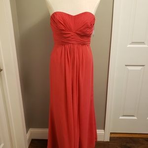 Bridesmaid long strapless coral dress